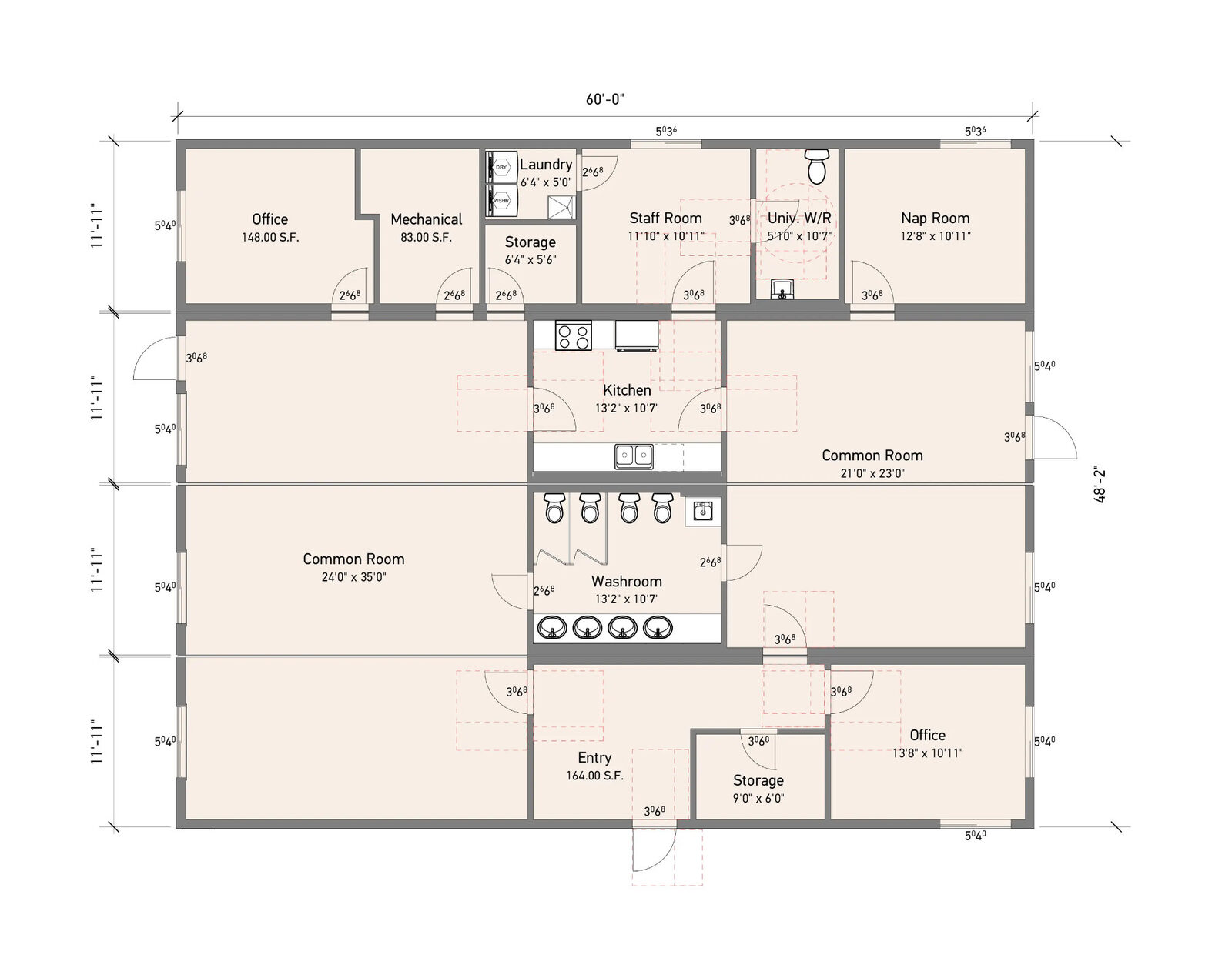 Detailed architectural floorplan of The Aspen 48 by 60 foot modular daycare