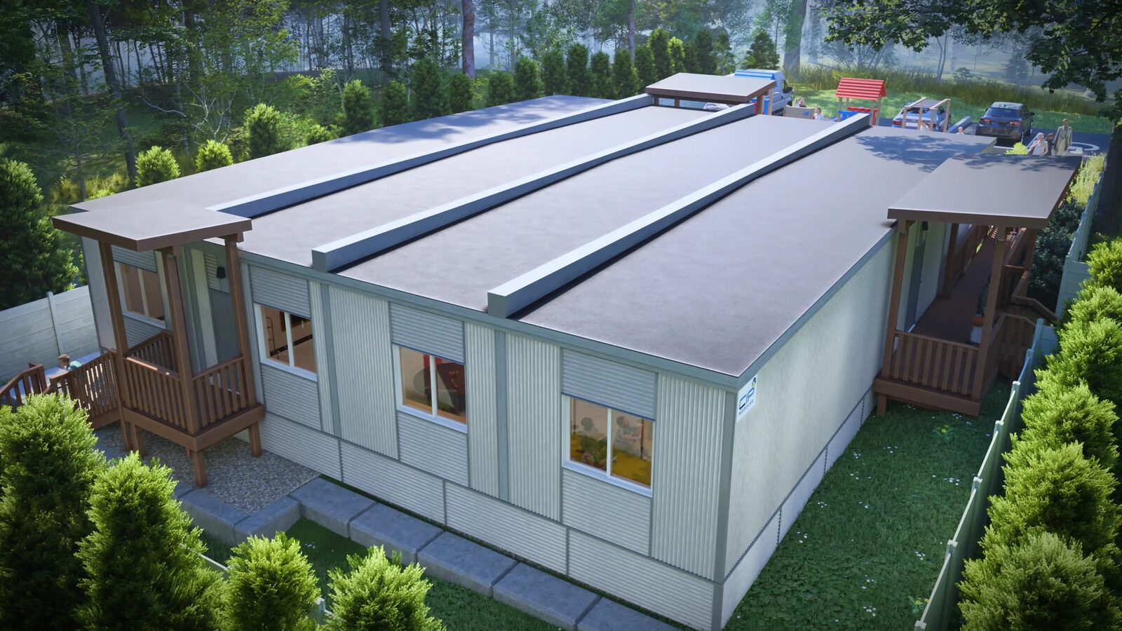 Rendering: rooftop aerial overview of both entrances