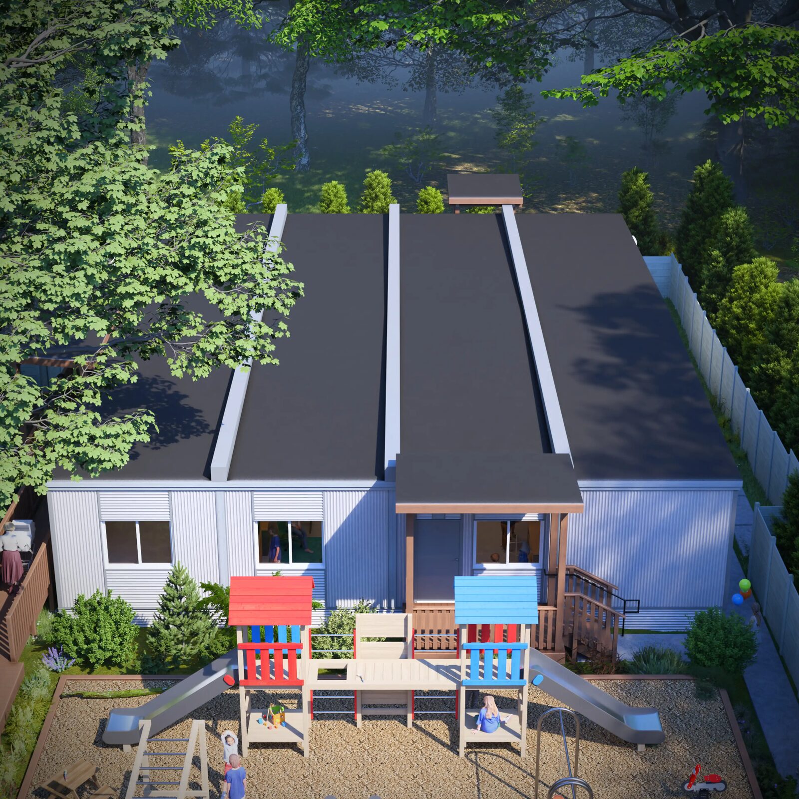 Rendering: aerial rear view with playground