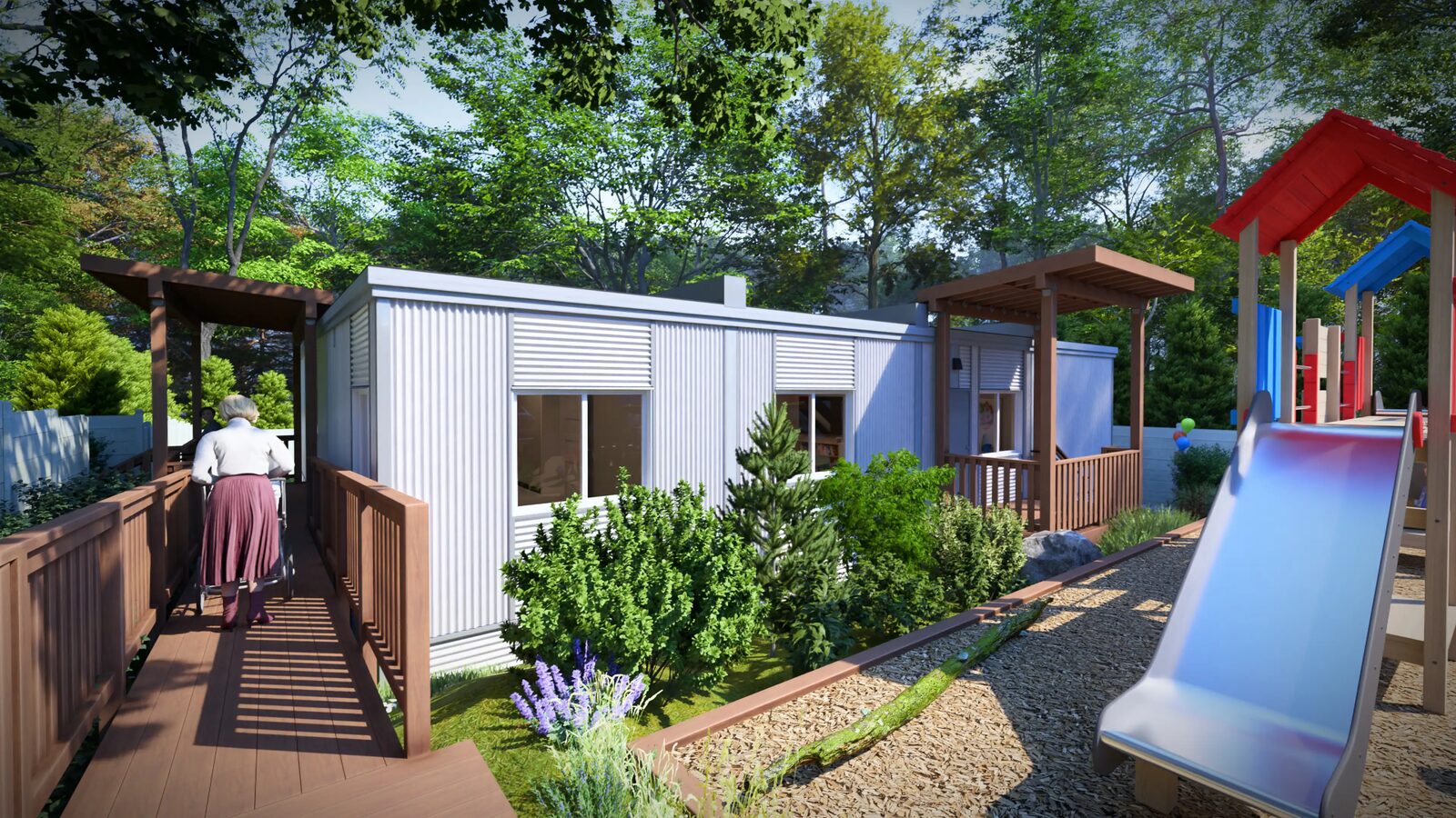 The Aspen modular daycare — pergola entrance, accessibility ramp and landscaped outdoor play area