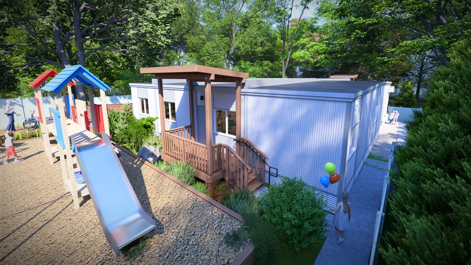 Three-quarter aerial view of The Aspen modular daycare with secured outdoor playground