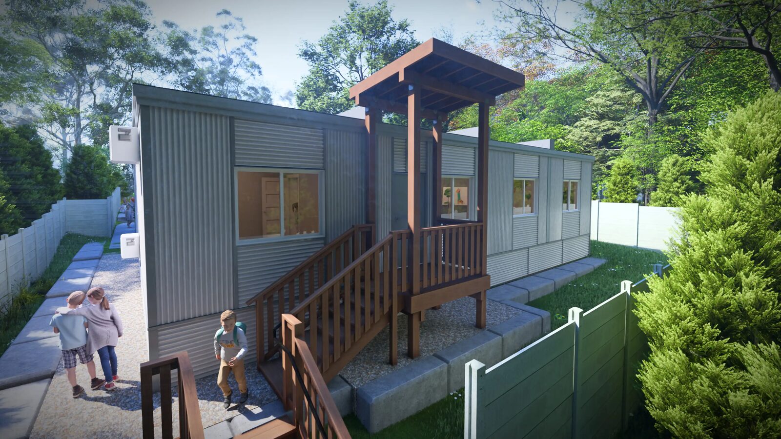 Side elevation of The Aspen modular building with covered entrance canopy