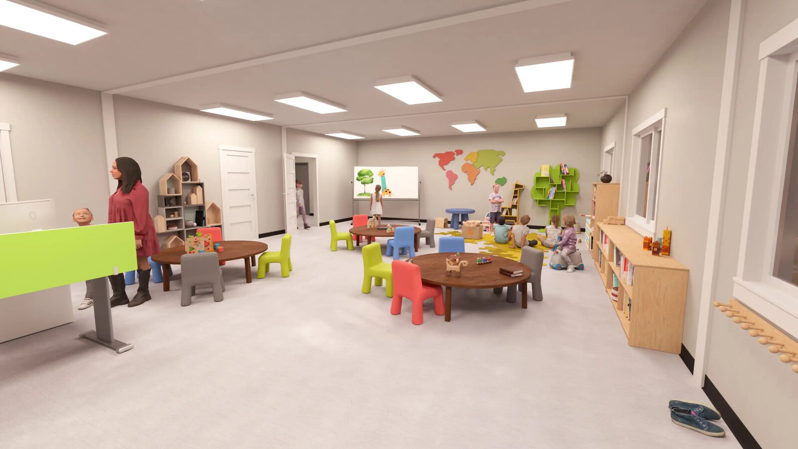 Rendering: furnished playroom with children and activity tables