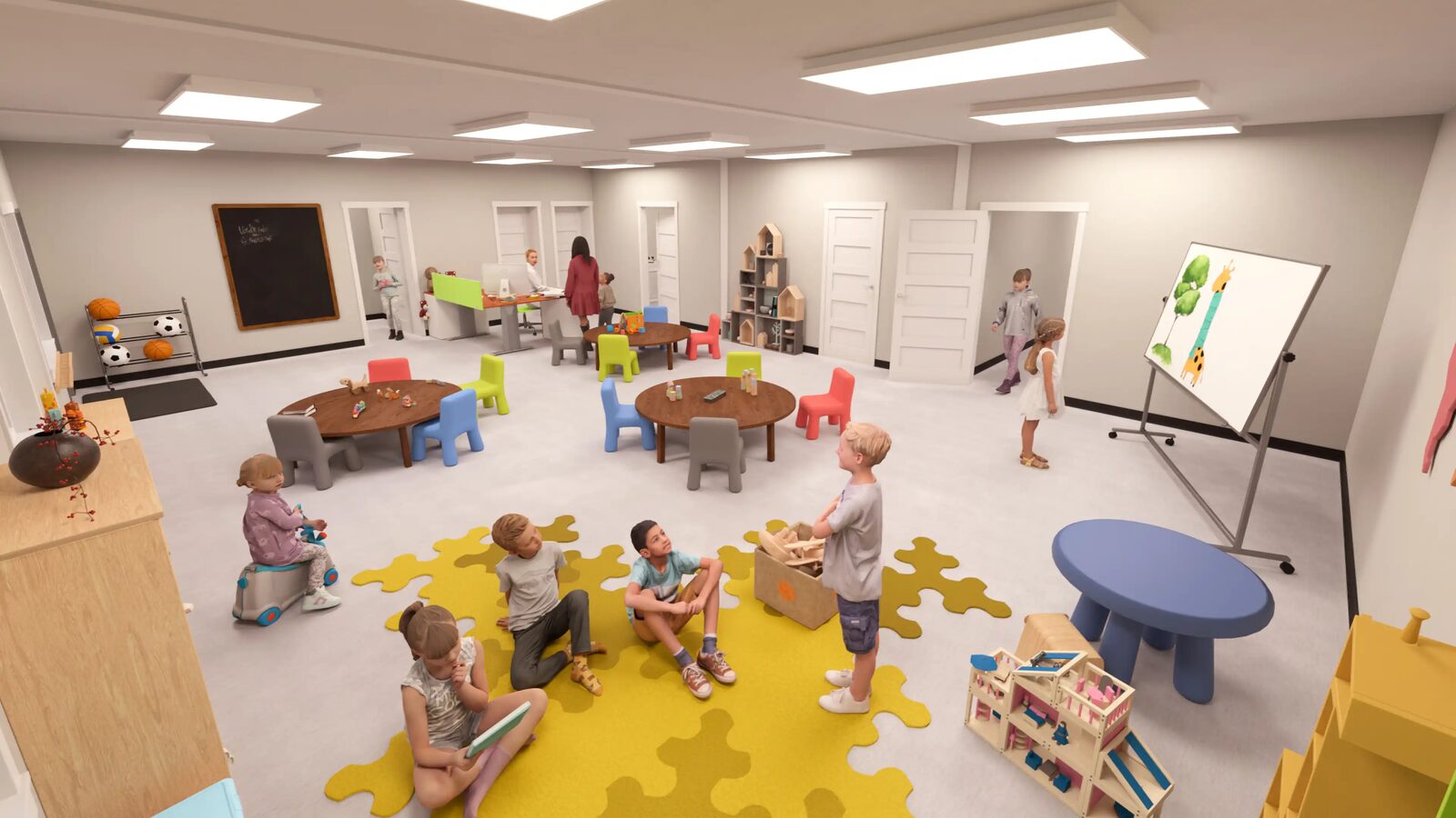 Rendering: play area with puzzle mat and chalkboard