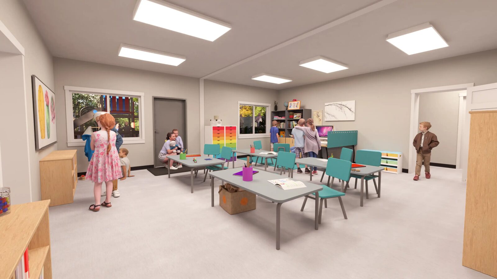 Rendering: classroom with activity tables and art wall