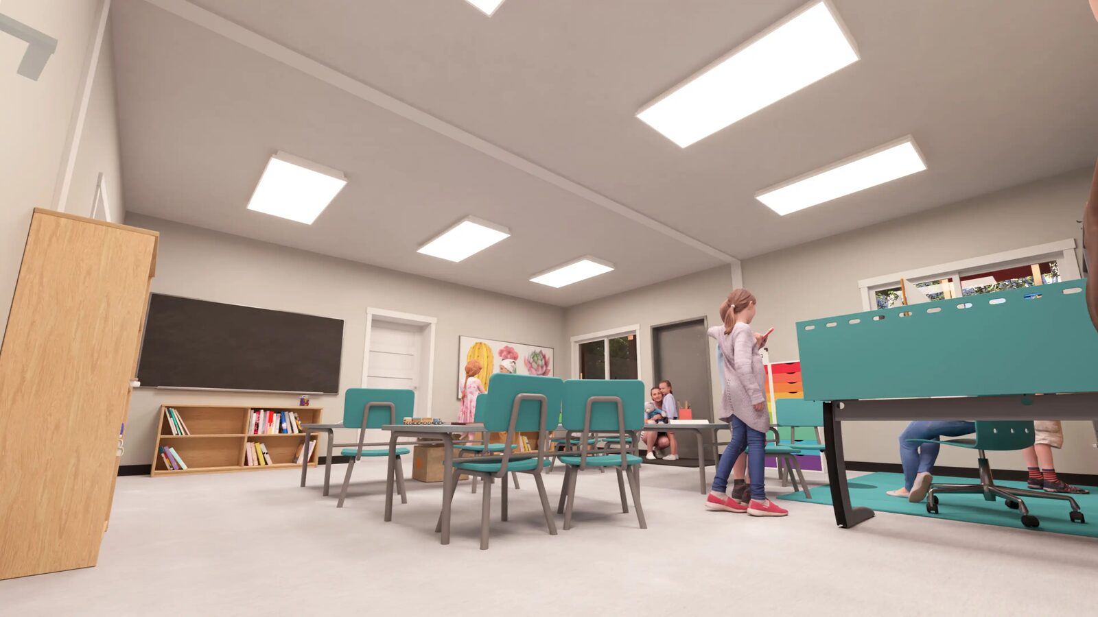 Rendering: classroom seating and study zone
